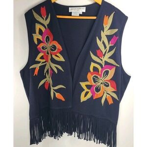 Maggy London 2X Embroidered Knit Vest Boho Fringe Hem Floral Sleeveless Sweater